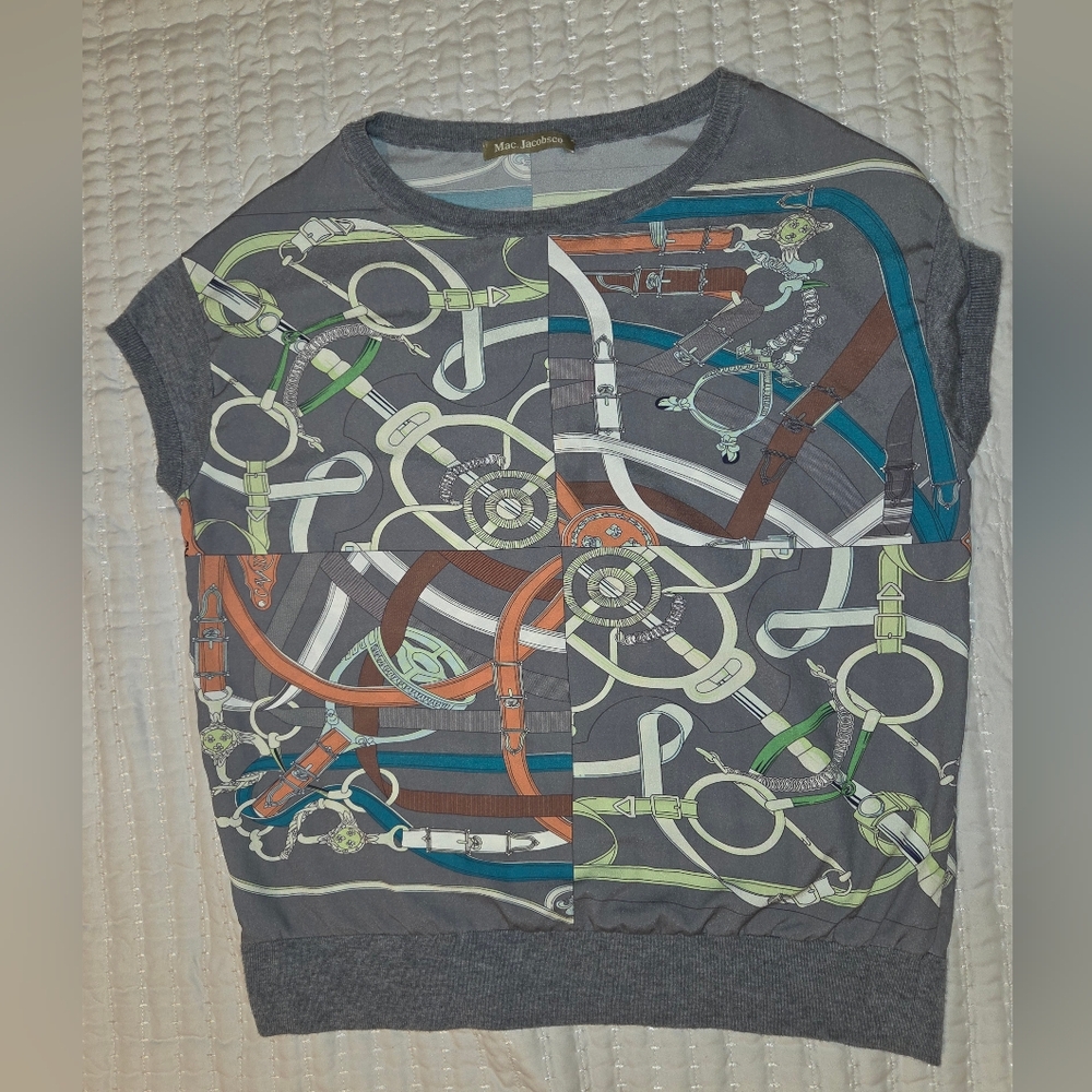 Mac Jacobsco Knit  Graphic Hermes-like Style Flowy Womens  Blouse Shirt MED M